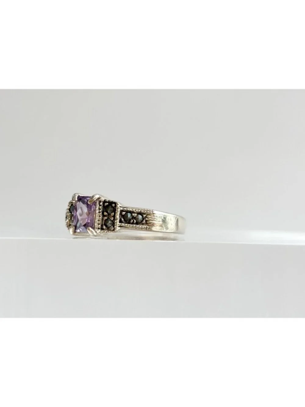Art Deco Amethyst Gemstone Marcasite Sterling Silver 925 Vintage Ring - sz 9